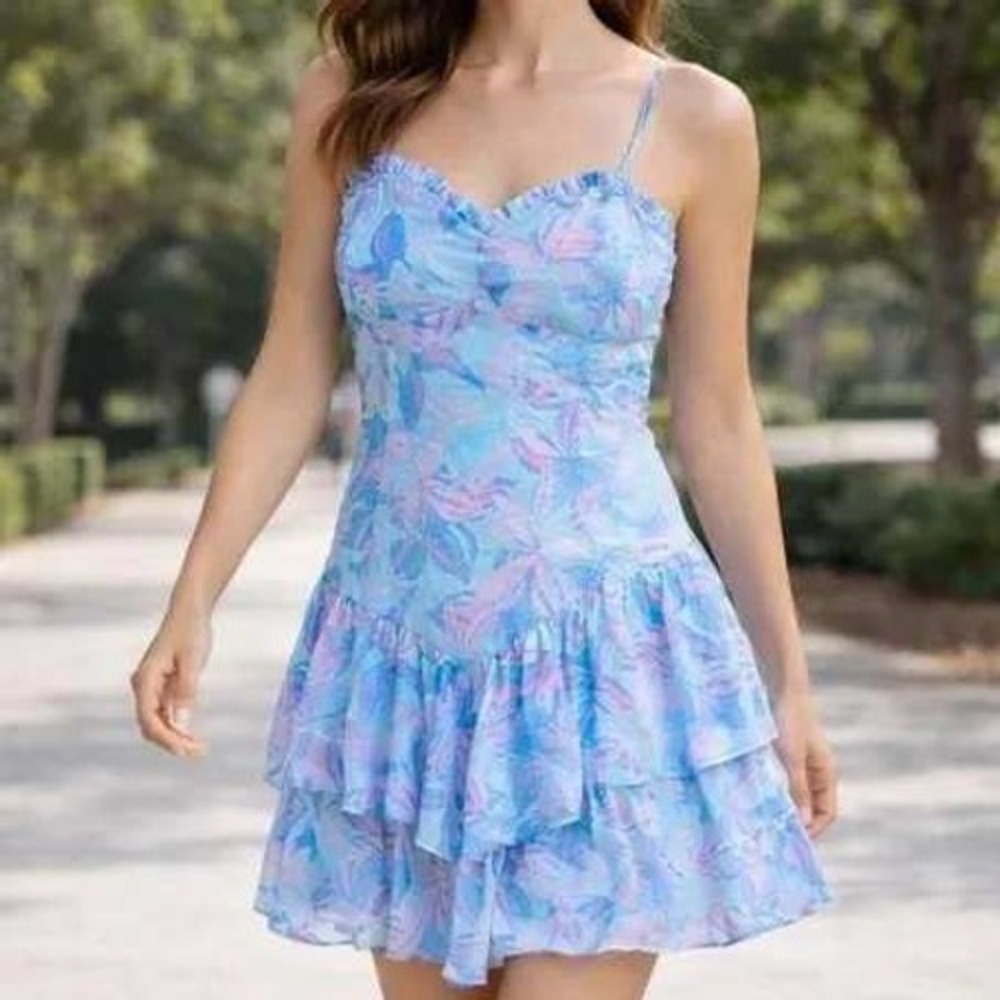 Wild Fable Mini Dress Womens Large Blue Floral Tiered Ruffle Summer Sundress‎